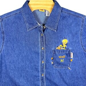 VINTAGE 2001 Looney Tunes Button Up Shirt Women 26W/28W Blue Denim Tweety Bird